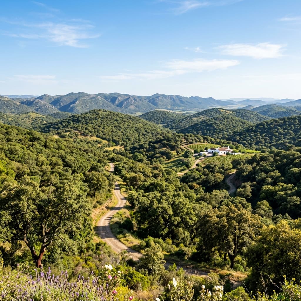 Paisaje de sierra con encinas y dehesa